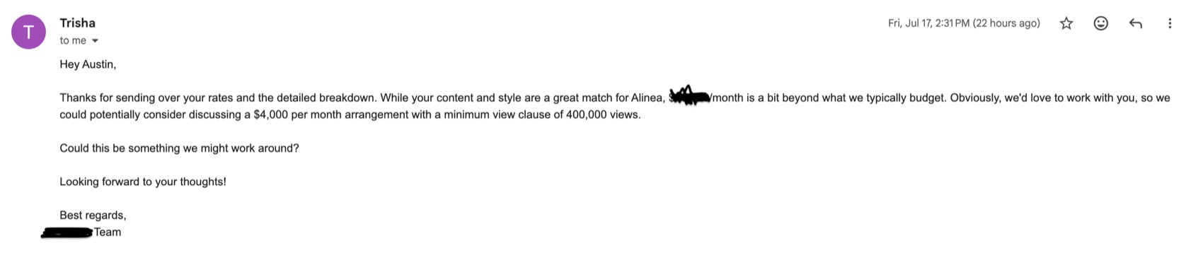 Email offering a $4,000/month brand deal with a 400K-view clause