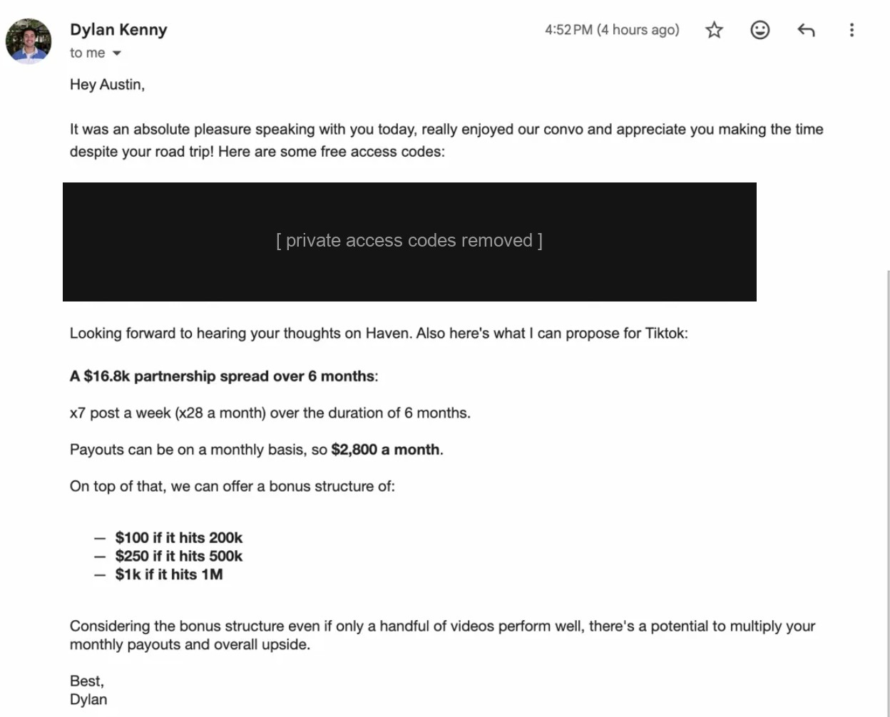 Email proposing a $16.8k partnership over 6 months plus a bonus structure